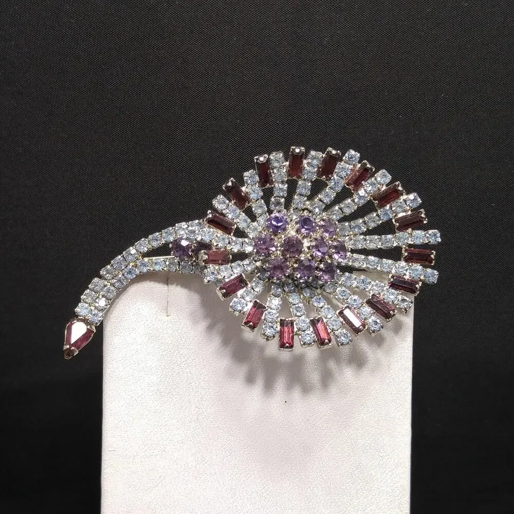 Vintage Hobe Rhinestone Brooch Purple Blue Rhodium Signed